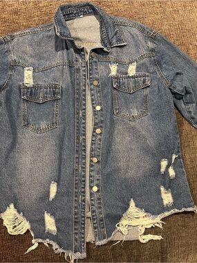 Distressed Blue Denim Jacket - Button Front